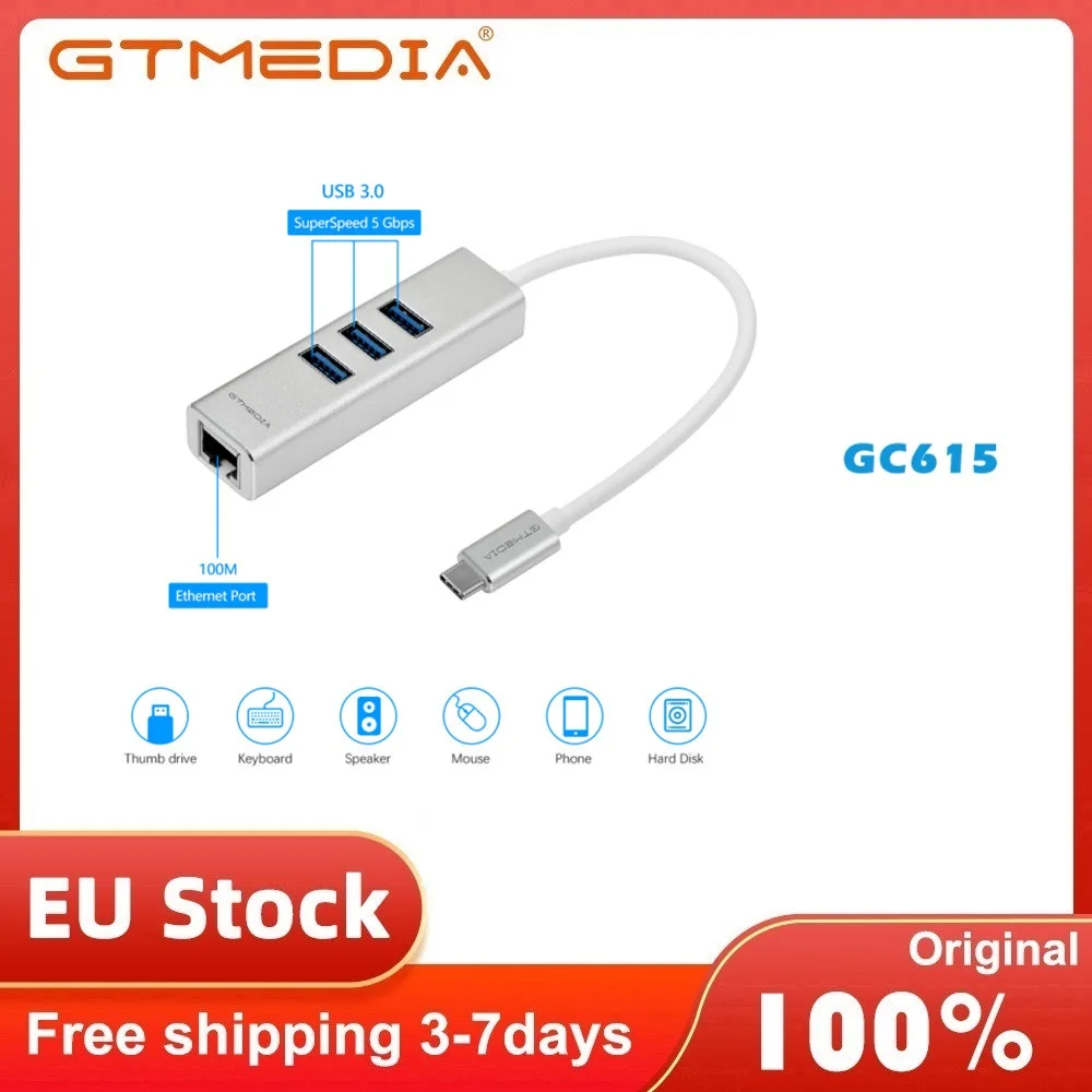 

GTMEDIA Type-C USB3.0 AM TO 3*USB3.0+RJ45 (10/100/1000M) Splitter PD Charger Adapter Docking For Laptop Macbook Smart Device