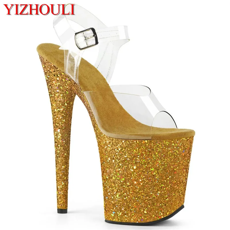 8 inch sandal, transparent upper, gold sequined bag and soles for parties and nightclubs, 20 cm high heel model, dancing shoes