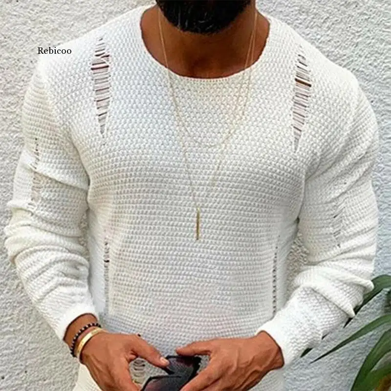 

Men Ripped Sweater Cotton Soft Male Winter Warm Knit Clothes Casual Cool Pullover O-Neck Long Sleeve Men Ripped Sweater