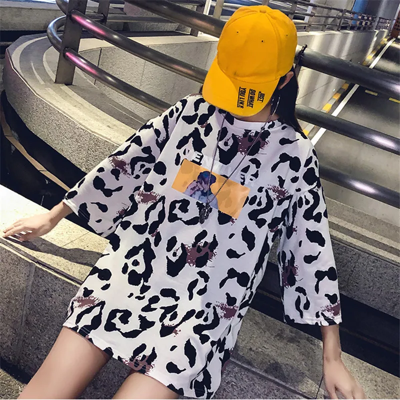 Hot sale 2020 Summer New Long section Loose leopard Print T-shirt Fashion Casual Round neck Women bottoming Tops C037 | Женская одежда