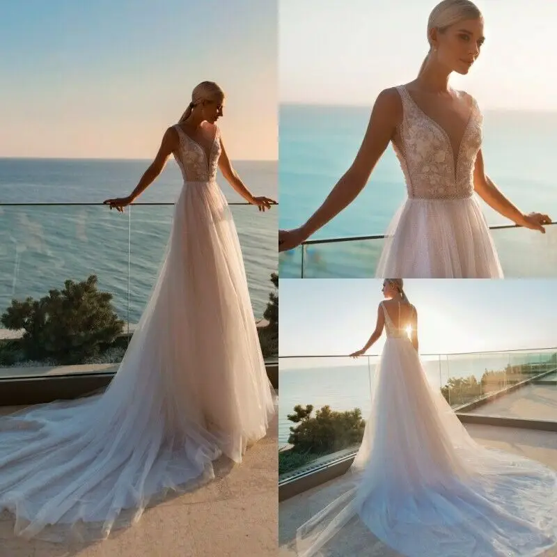 

Пляжные свадебные платья, свадебные платья а-силуэта, с V-образным вырезом, без рукавов, с аппликацией и бисером