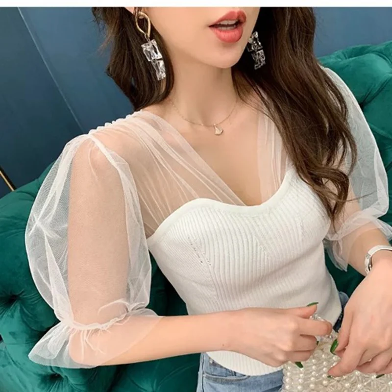 Майка женская хлопковая трикотажная с кружевом зеленая/белая | Женская одежда