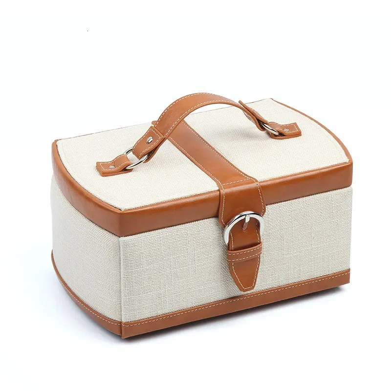 HOSENG Retro Classical Big Jewelry Case Three Layers With Mirror Noble Women PU Leather Linen Earring Ring Storage Box HS_323