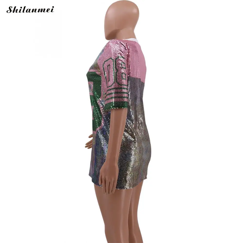 Женское мини-платье с блестками летняя повседневная свободная футболка коротким