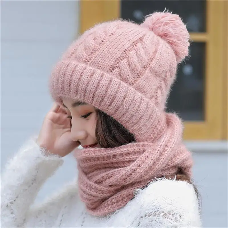 Pink Dilidala,, зимние шапки для женщин, плюс бархат, уплотненный теплый шарф, вязаная шерстяная шапка, шапка, Корейская версия, дикие велосипедные наушники - Цвет: Pink