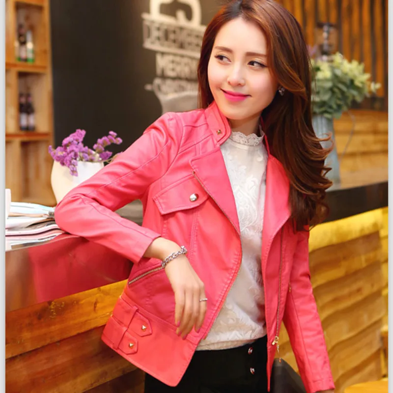 Женская мотоциклетная куртка из искусственной кожи на молнии с отложным