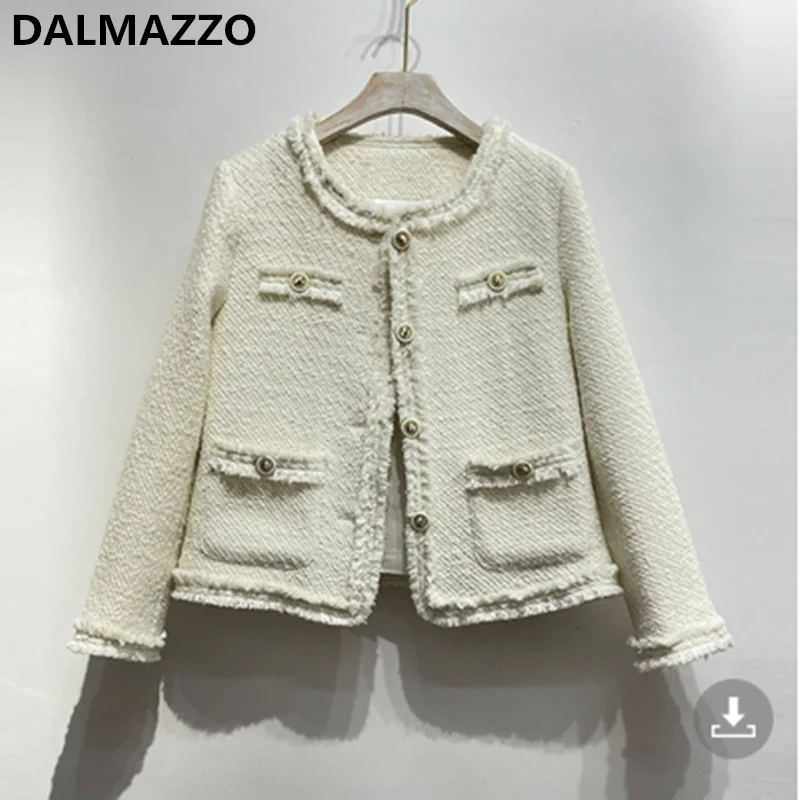 

DALMAZZO New Spring Vintage Tweed Woolen Tassel Slim Short Jacket Coat Women Single-Breasted Pockets Outerwear Clothes Female