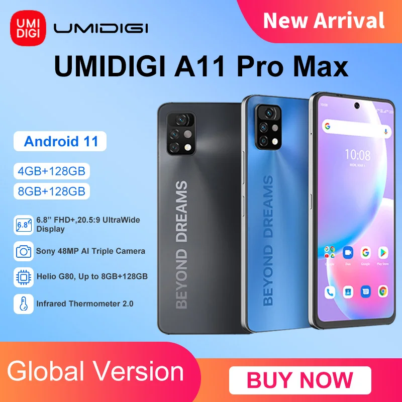 Смартфон UMIDIGI A11 Pro Max, 4/8 + 128 ГБ, 6,8 дюйма, FHD +, 48 МП