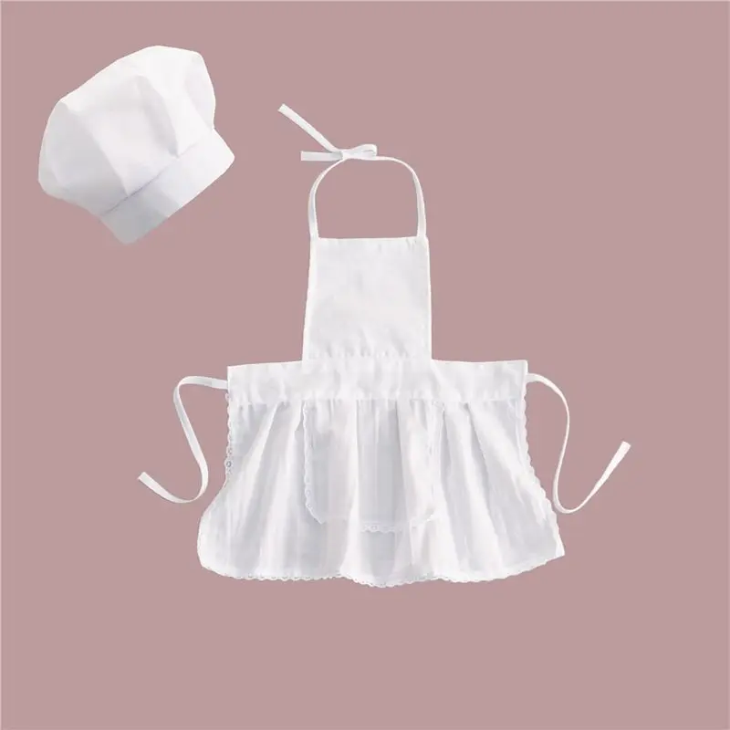 

2 Pcs Cute Baby Chef Apron and Hat Infant Kids White Cook Photos Costume Photography Prop Newborn Hat Apron