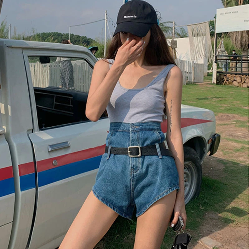 

Korean 2020 new summer fashion high waist blue denim shorts women streetwear style girl shorts female