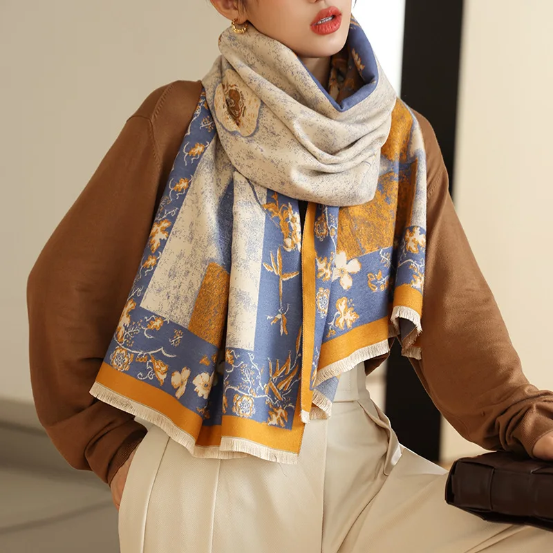 Женский дизайнерский теплый зимний кашемировый шарф из пашмины с кисточками, новинка 2021, плотные шали, палантины, модное одеяло с принтом, фуляр