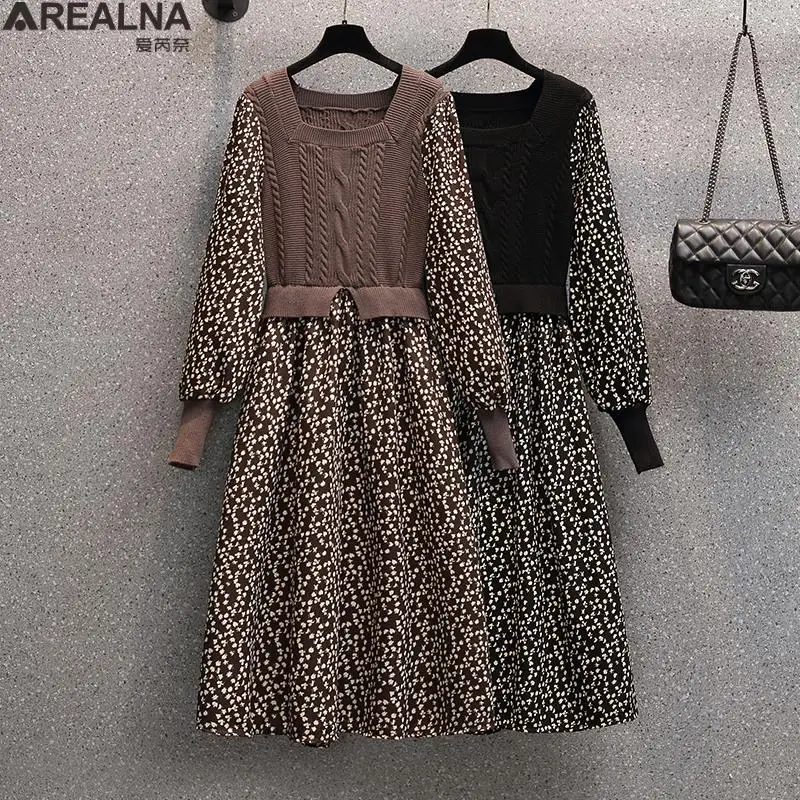 

Женские платья, французское винтажное трикотажное цветочное лоскутное платье 2022 Aweet, корейское ТРАПЕЦИЕВИДНОЕ ПЛАТЬЕ С Высокой Талией, бол...