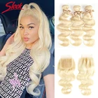 Sleek 613 светлые пряди с закрытием бразильские волнистые волосы Remy пряди натуральные кудрявые пучки волос пряди 613 Мёд светлые пряди с закрытием