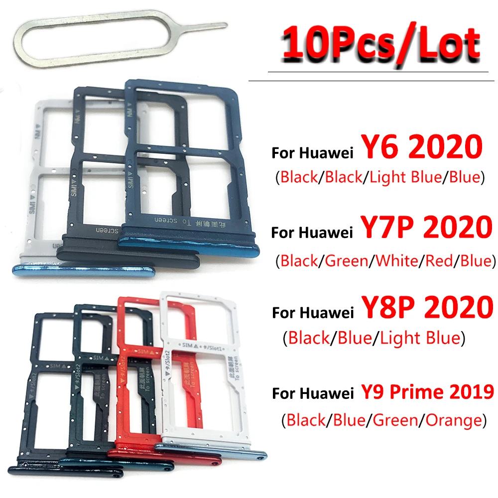 10Pcs，New SIM Card Slot SD Card Tray Chip Holder Adapter For Huawei Y6 Y7P Y8P 2020 Y9 Prime 2019 Mobile Phone Sim Card + Pin