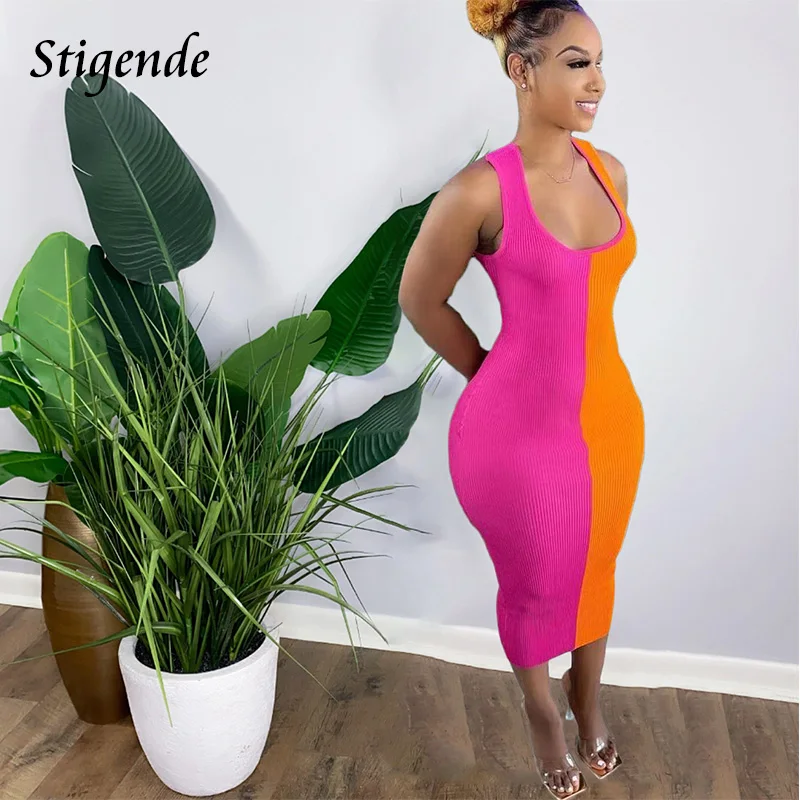 

Stigende Patchwork Sleeveless Ribbed Midi Dress Women Sexy Backless Bodyocn Dress Ladies Elegant Spliced Colour Party Dress