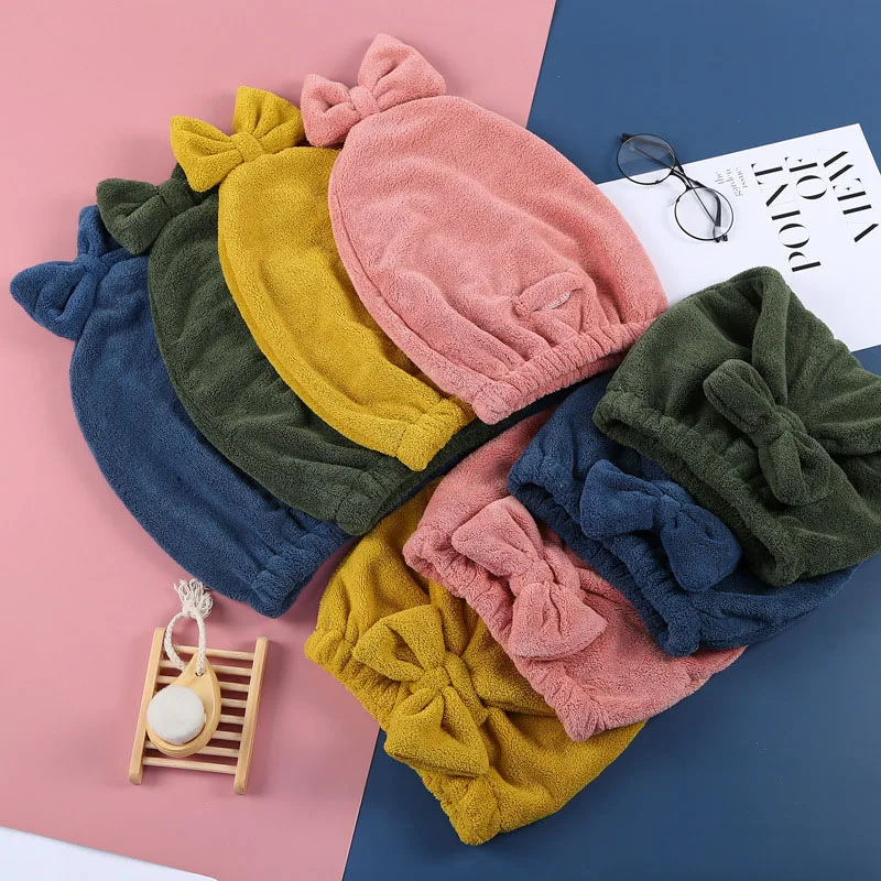 

Coral Fleece Turbans Strong Absorbent with Bowknot Dry Hair Cap for Women Soft Pure Color Bathroom Supplies