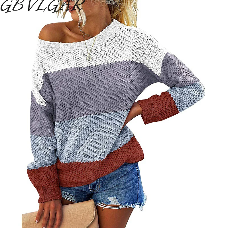 

2021 Casual Women Striped Sweater Autumn Winter O Neck Long Sleeve Sweater Loose Knit Pullover Patchwork Pull Femme Jersey Mujer