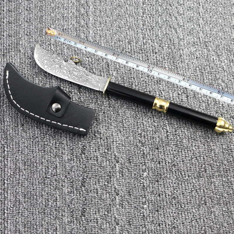 

Нож из дамасской стали с фиксированным лезвием, ручка из дерева и латуни, инструмент для кемпинга, рыбалки на открытом воздухе, с деревянной ...