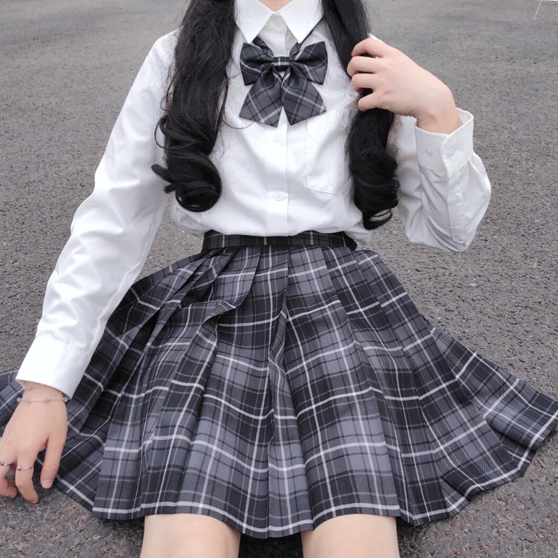 

[Smoky Gray] Girls Long/Short Sleeve High Waist Pleated Skirts Plaid Skirts Women Dress For JK School Uniform Students Clothes A