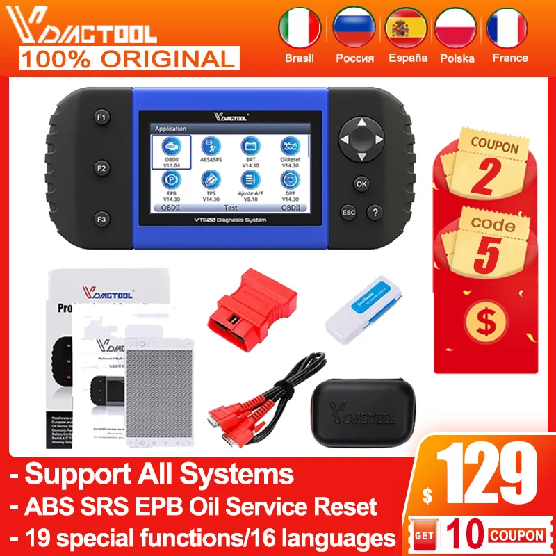VDIAGTOOL VT600 OBD2 сканер двигателя ABS SRS EPB сброс обслуживания масла инжектор