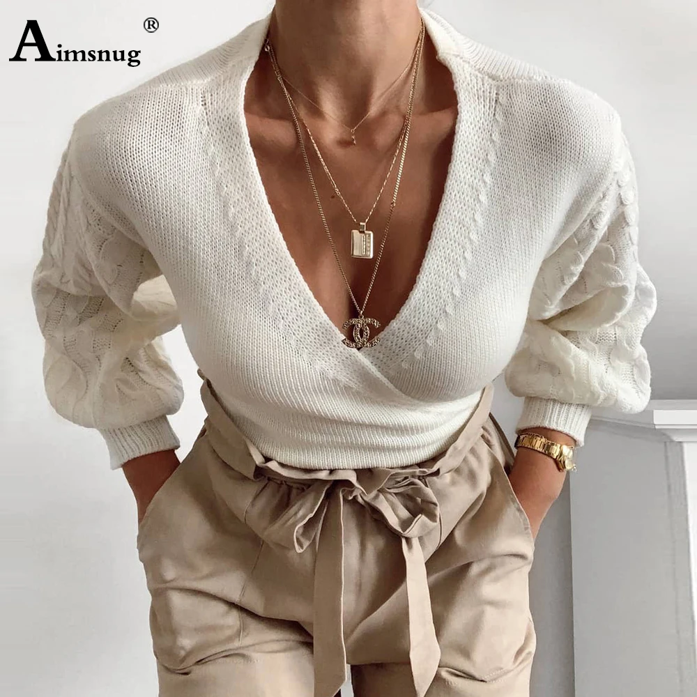 

Crop Top Sweaters Women Autumn 2020 Casual Lantern Sleeve V-neck Bow Tie Cris Cross Knitted Sweater Femme Winter Warm Clothes