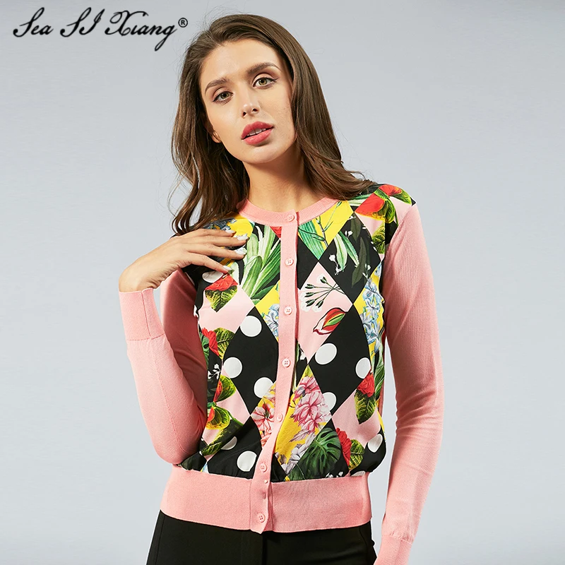 

Seasixiang Fashion Designer Spring Knitting Tops Women's O-Neck Floral Print Patchwork Single Breasted Sweater