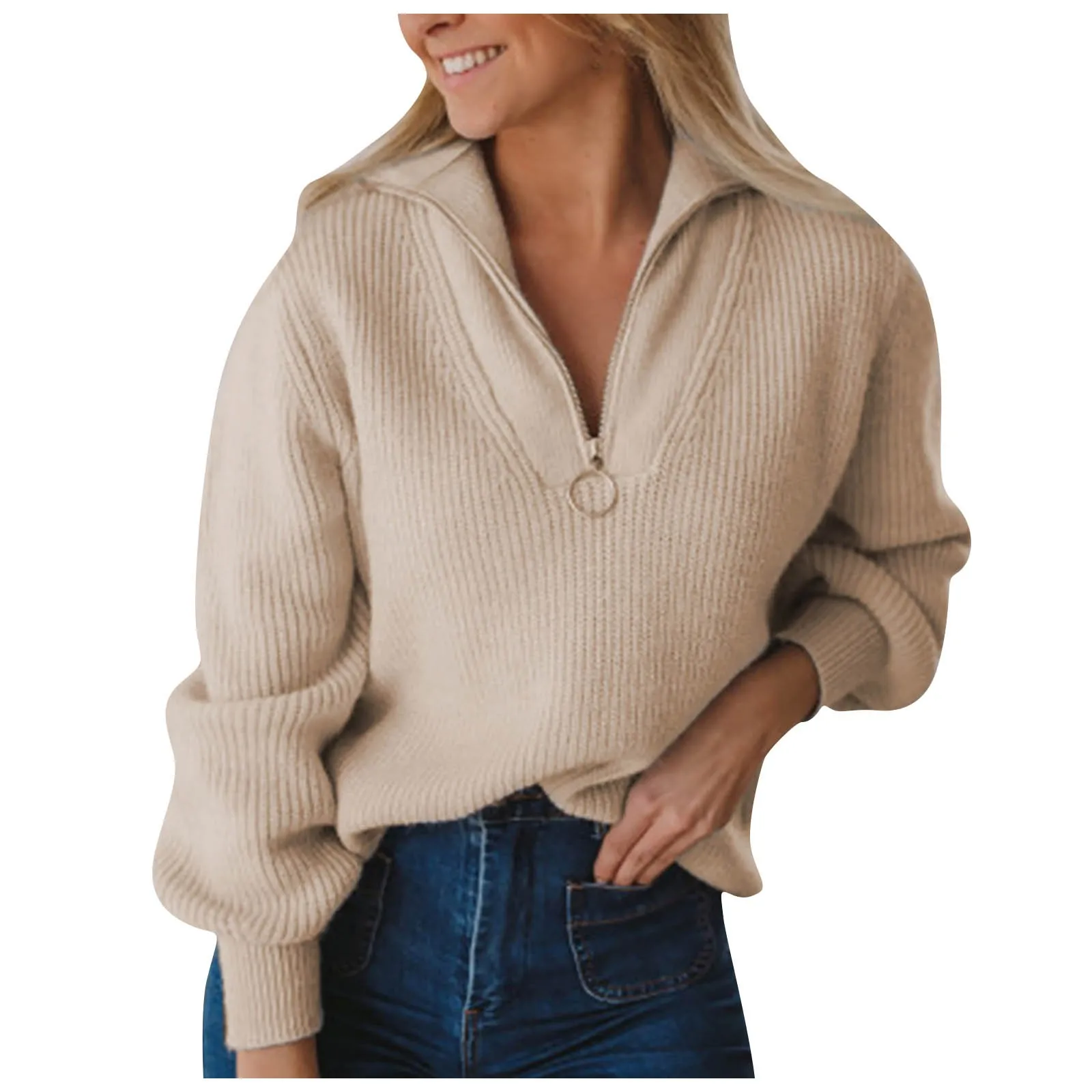 

Женский вязаный свитер на молнии, однотонный элегантный свободный пуловер с V-образным вырезом и рукавами-фонариками, Осень-зима 2021