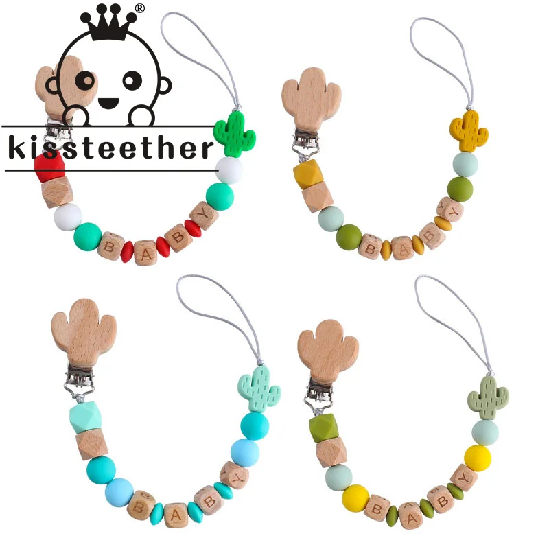 

Kissteether Cactus Beech Wood Clip and Food Grade Cactus Silicone Pendant Baby Pacifier Clip Chain Nipple Holder Molar Gift