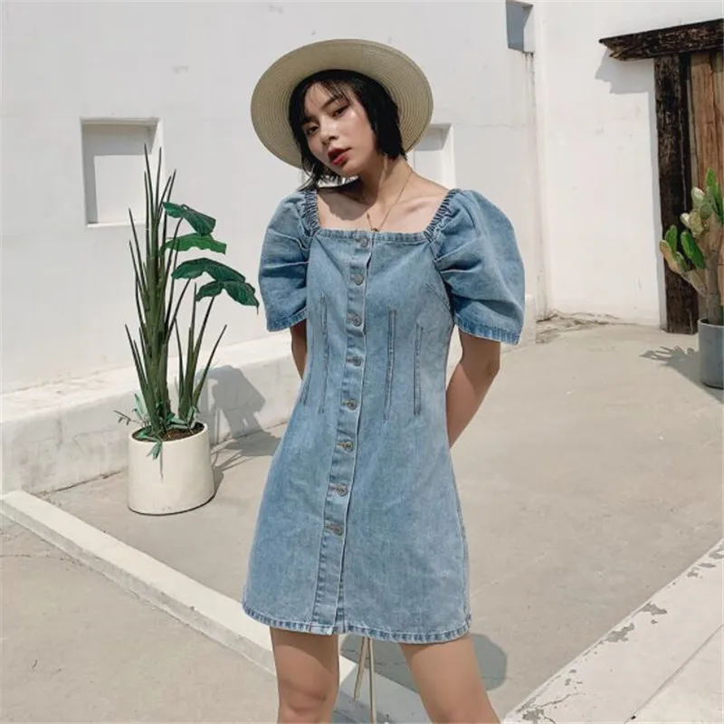 ROHOPO небесно голубое женское мягкое Ретро джинсовое платье с пышными рукавами и