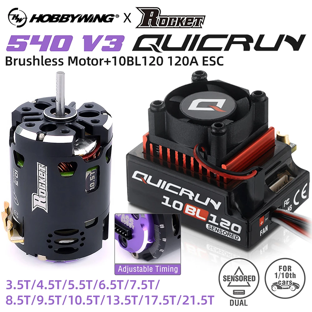 

Hobbywing QUICRUN 10BL120 120A ESC w/Rocket 540 V3 4.5T 10.5T 13.5T Motor Sensored Brushless Set Combo for 1/10 1/12 F1 RC Car