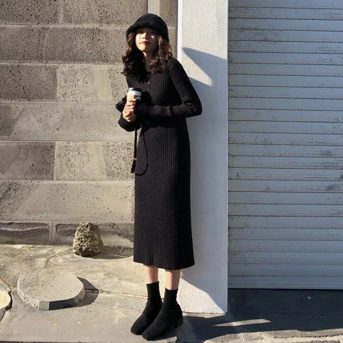 

Mid-length knitted dress women's autumn/winter 2020 women's clothing slimming over-the-knee sweater base long skirt