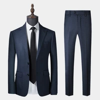 suit mens wool navy stripe british suit bridegroom wedding dress business slim suit