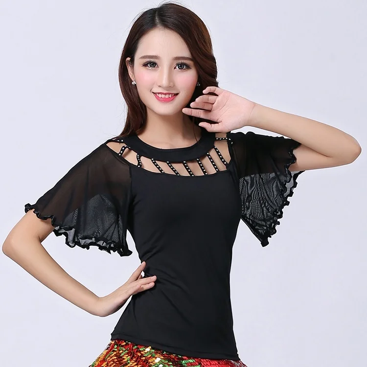Women Latin Dance Blouse T-shirt Top Ballroom Dancewear Salsa Tango Diamond Flare Sleeve Practice 904-B135 | Женская одежда