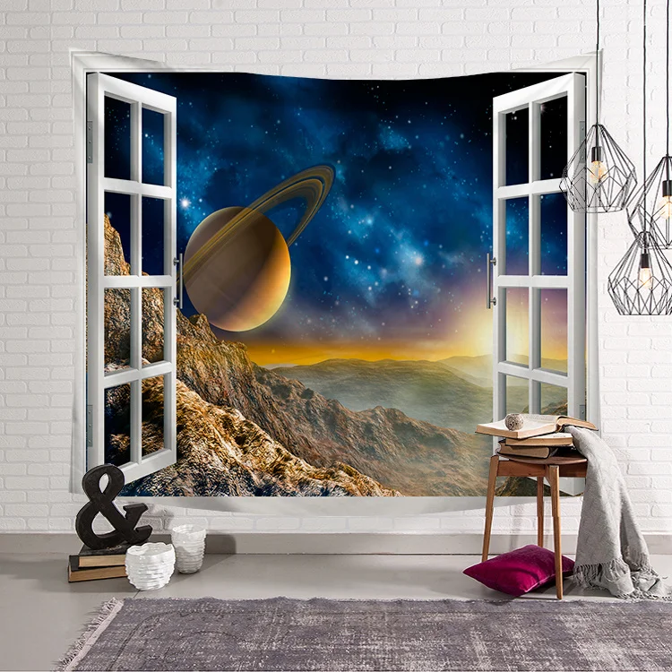 Гобелен с изображением галактики и звездного неба из окна настенный тканевый