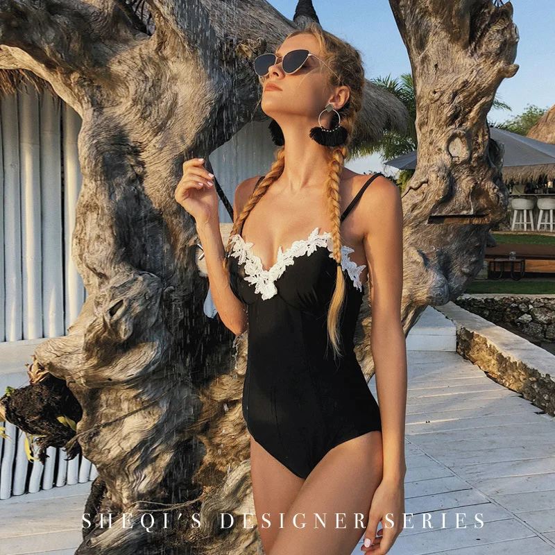 

Bathing Suit For Women 2021 Female Swimwear Full And Beachwear Plus Size Swim Luxury New Swimsuit Black One Piece Cover Lace