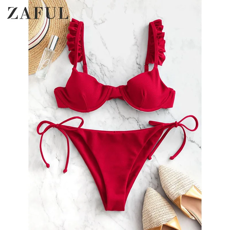 

ZAFUL Frilled Textured Sexy Bikini Set for Women Padded Bra Tie Side Two-piece Swimsuit Push Up Bathing Suit Summer Beach