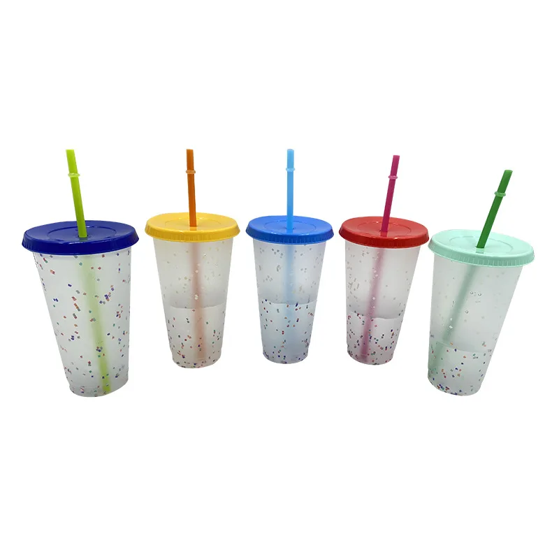 

Plastic Tumbler With Lid And Straw Cup 700ml/24oz Color Changing Confetti Cold Cups Reusable Coffee Mug Portable Drinks Tumblers