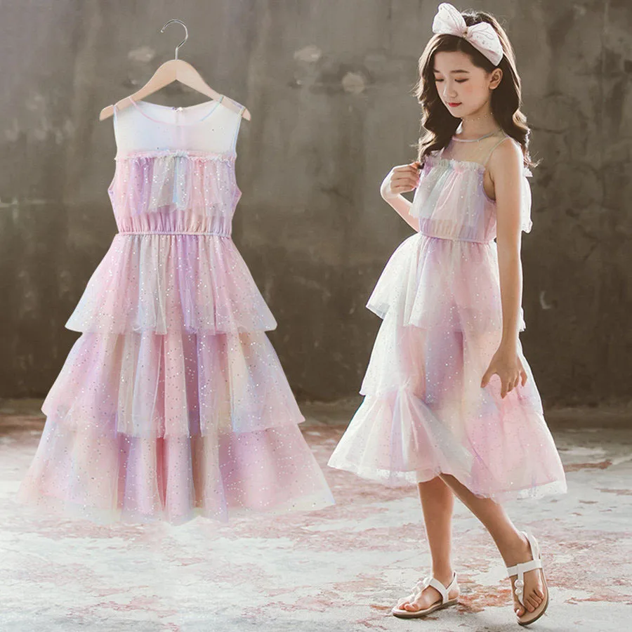 

High Street Tulle Shine Sequin Elegant Dress Girls 4-13 Years Fashion Colorful Sleeveless Back Zipper Layered Dresses Girls 2020