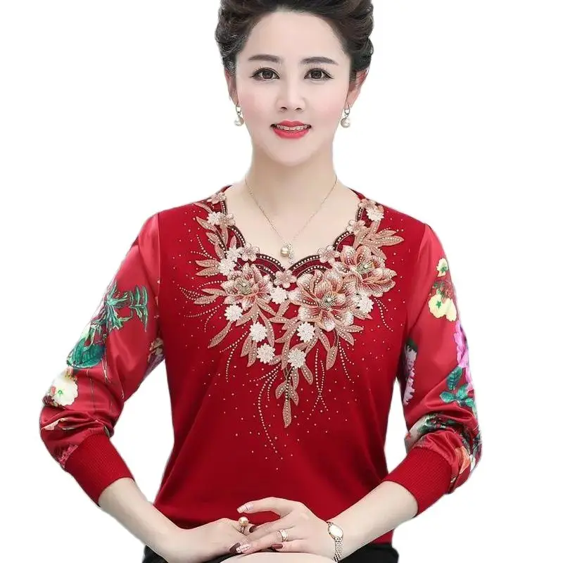 

Middle-aged Elderly Women's Spring Thin Knitted Tops High Quality Embroidery Pullover Splicing Chiffon Sleeve Mother Jumper 5XL