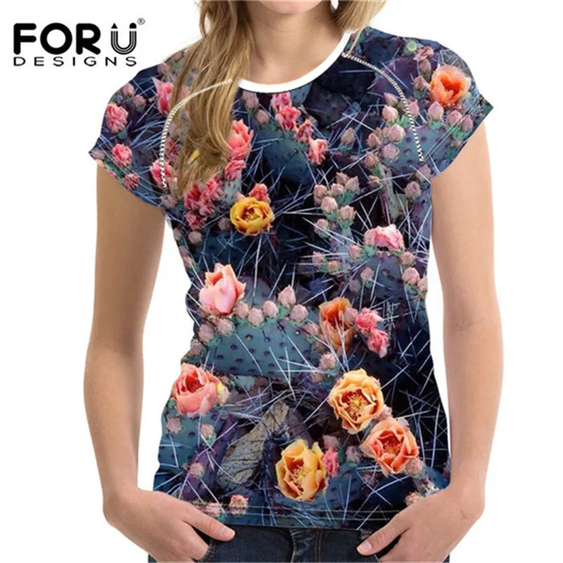 FORUDESIGNS/для женщин 3D Футболка цветочный принт топы с короткими рукавами Повседневная рубашка для дам эластичный тонкий мягкий бодибилдинг одежда