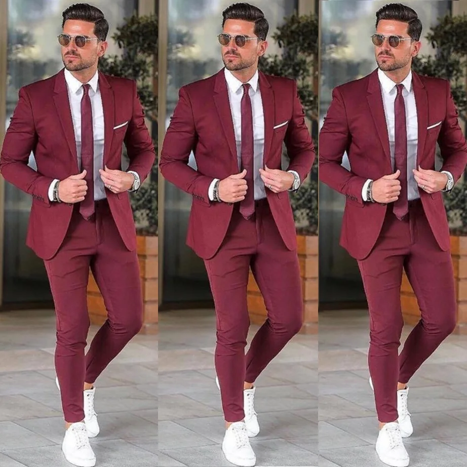 

Elegant Custom Burgundy Men Suit Blazers For Party Prom 2 Pieces Jacket + Pants Groom Wedding Suits Notched Lapel Mens Tuxedos
