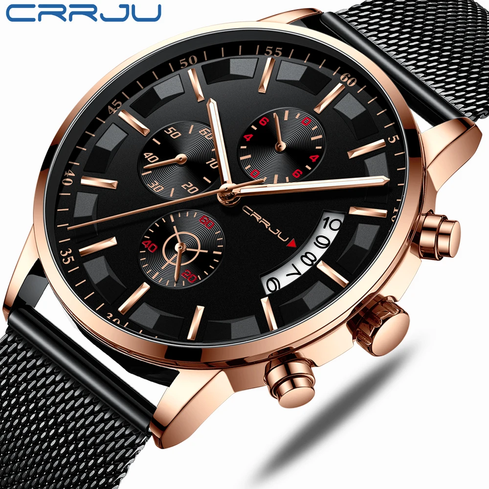 

CRRJU Luxury Brand 2021 New Men's Business Dress Watch Chronograph Date Full Steel Mesh Wristwatches Gifts For Man Montre Homme