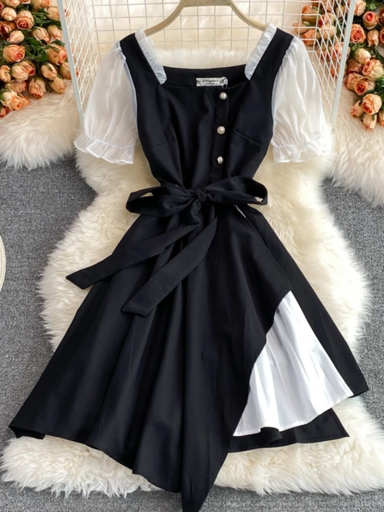 

FTLZZ New Summer A Line Square Collar Puff Sleeve Pulloer Women Dresses Casual Solid Slim Chiffon Lady Short Dress