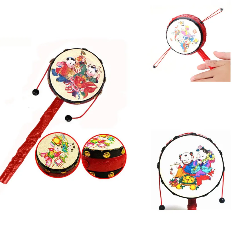 

Red Chinese Traditional Spin Toy Rattle Drum Kids Cartoon Hand Bell Plastic For Baby