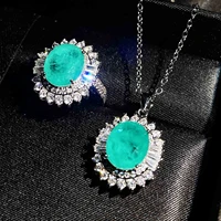 qtt charms bridal jewelry sets paraiba tourmaline stone lad simulation diamond ring necklace silver color wedding accessories