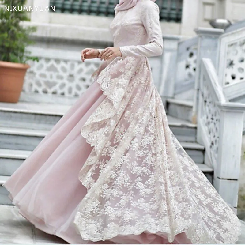 Длинные рукава мусульманские свадебные платья с вуалью A-Line драгоценность