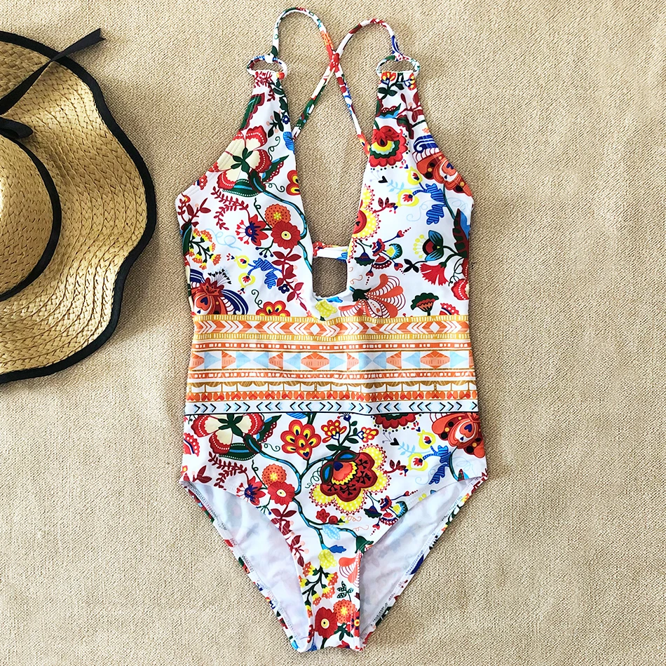 Женский слитный купальник с цветочным принтом сексуальный глубоким v образным