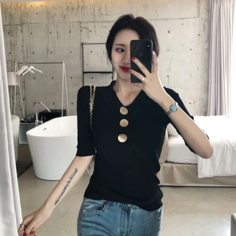 

Office Ladies Elegant Knitting T-Shirt Slim Fit Elastic Pullover Tops Female Fashion Solid Half Sleeve Tees Button Lapel T-Shirt