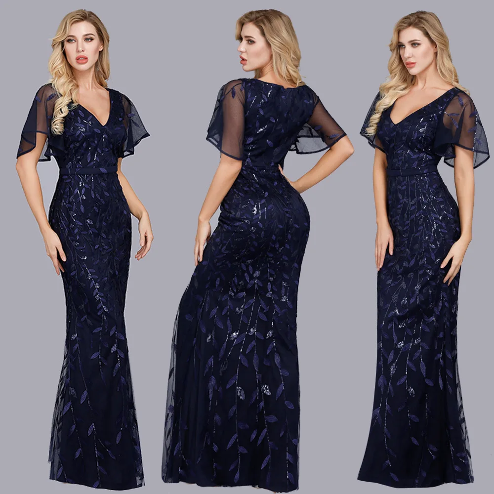 

2021 New Embroidered Sequins Dress Fishtail Evening Dress Ruffle Sleeve V-neck High Waist Banquet for Women Evening Gown Summer
