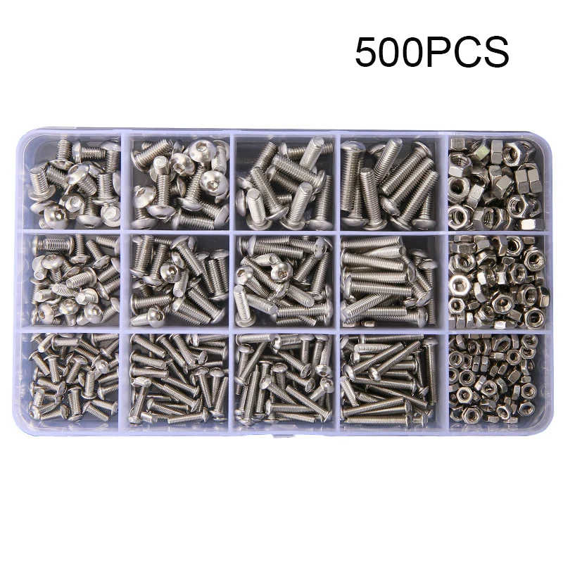 

500pcs M3 M4 M5 Hex Button Socket Head Cap Screw Nut Hexagon Metric Thread Machine Bolt Assortment Kit Set 304 Stainless Steel